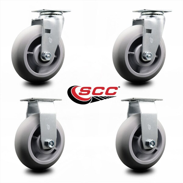 6 Inch Thermoplastic Rubber Caster Set with Roller Bearings 2 Swivel 2 Rigid
